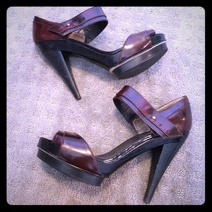 Deep Red Burgundy Peep Toe Leather Platform Heels